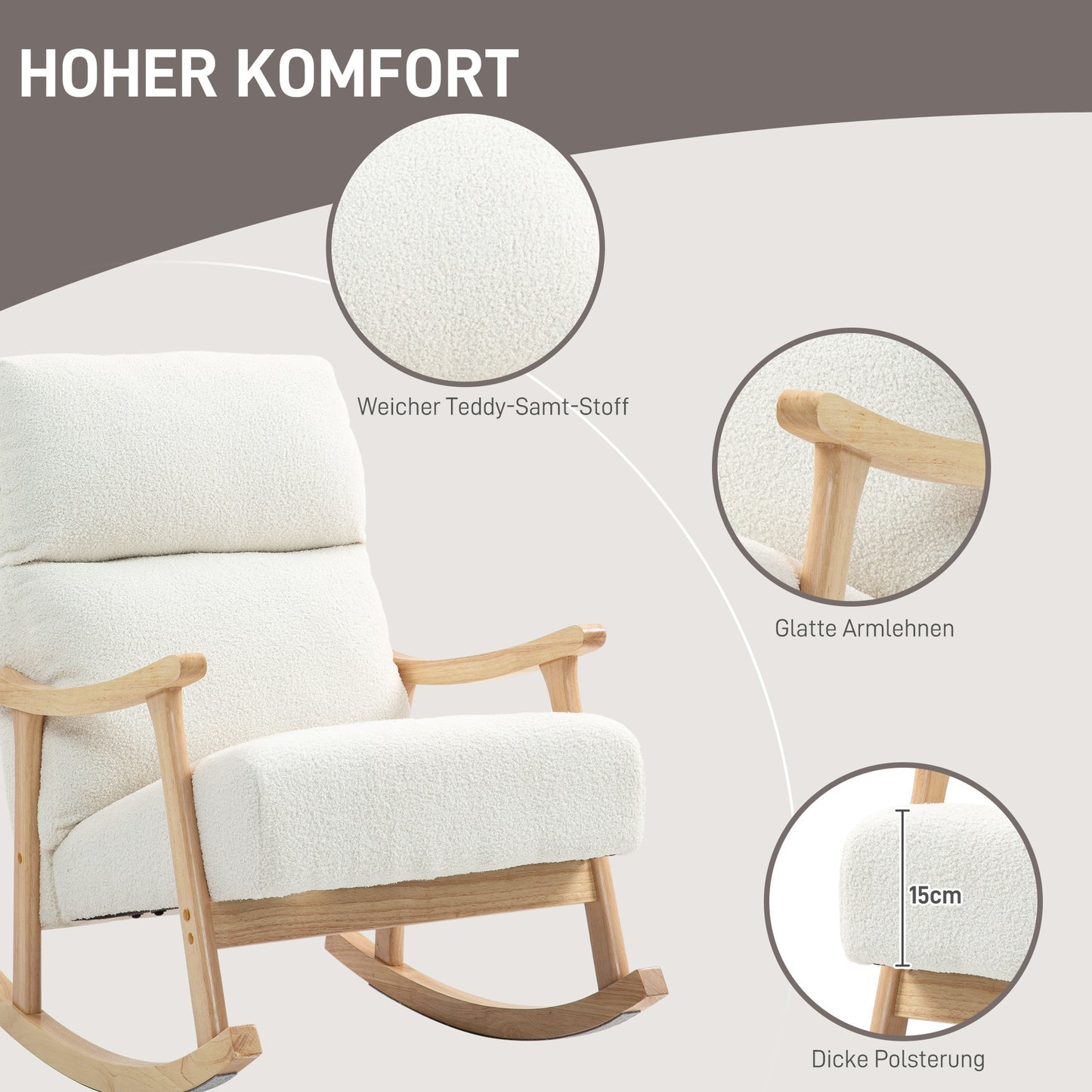 Schommelstoel – Relaxstoel – Fauteuil – Voedingsstoel – Loungestoel – Ergonomisch ontwerp – Beukenhouten frame met zachte fluwelen bekleding – Crème wit