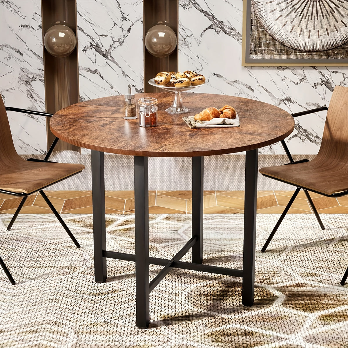 Foldable Round Dining Table - 75cm High, Brown Wooden Kitchen Table for 2-4 People, Rustic Style with Metal Legs, Engineered Wood Top, Perfect for Living Room or Dining Room, Easy Assembly, No Power Needed, Dining Table for Living Room, JoliJour