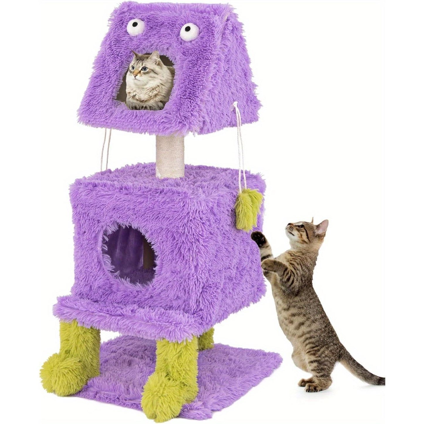 Krabpaal – Kattenboom – Kattenhuis – Kattenmeubel – Kattentoren – 3 Laags Monsterdesign – 2 Knusse Condo’s Met Sisal Krabpaal – Zacht Pluche & Stevig Hout – Paars