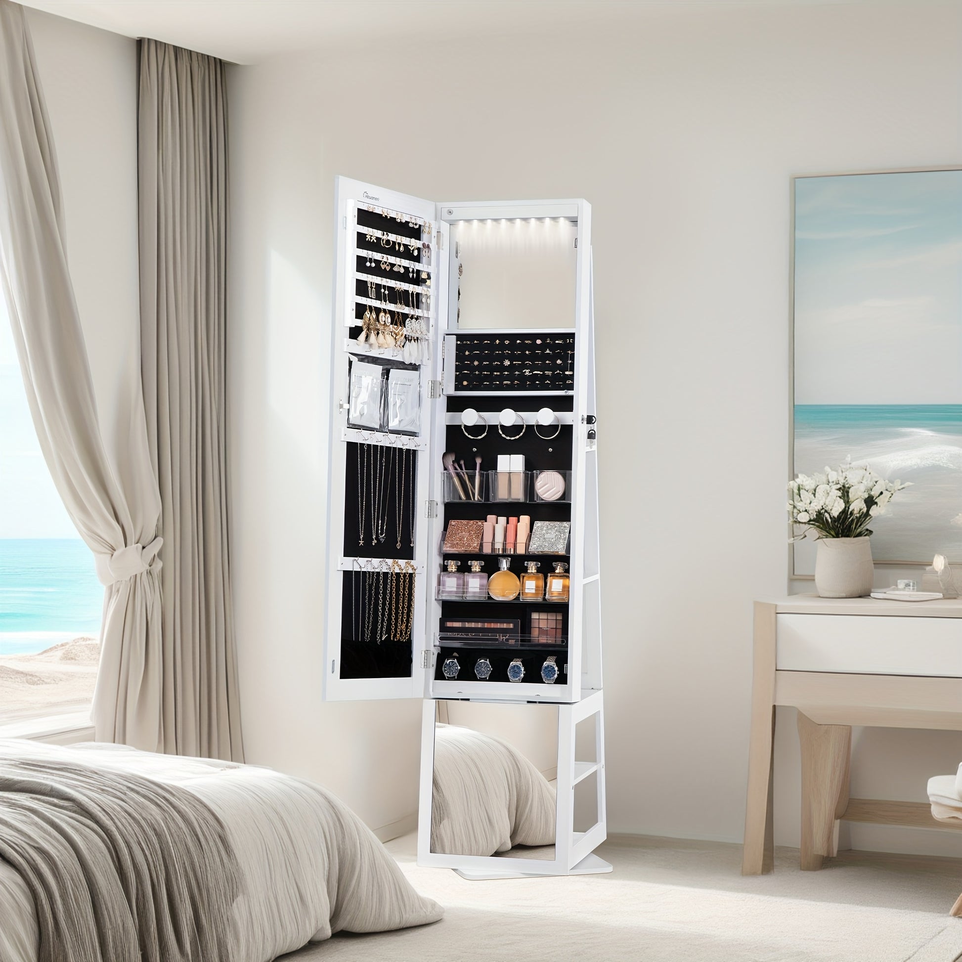 Mirror Jewellery Cabinet, Standing Jewellery Organiser with 360° Rotating Base, Full Length Lockable Mirror, Large 4-Tier Storage Compartments, 4-in-1 Multifunctional, White, Jewelry Armoires - QUORE