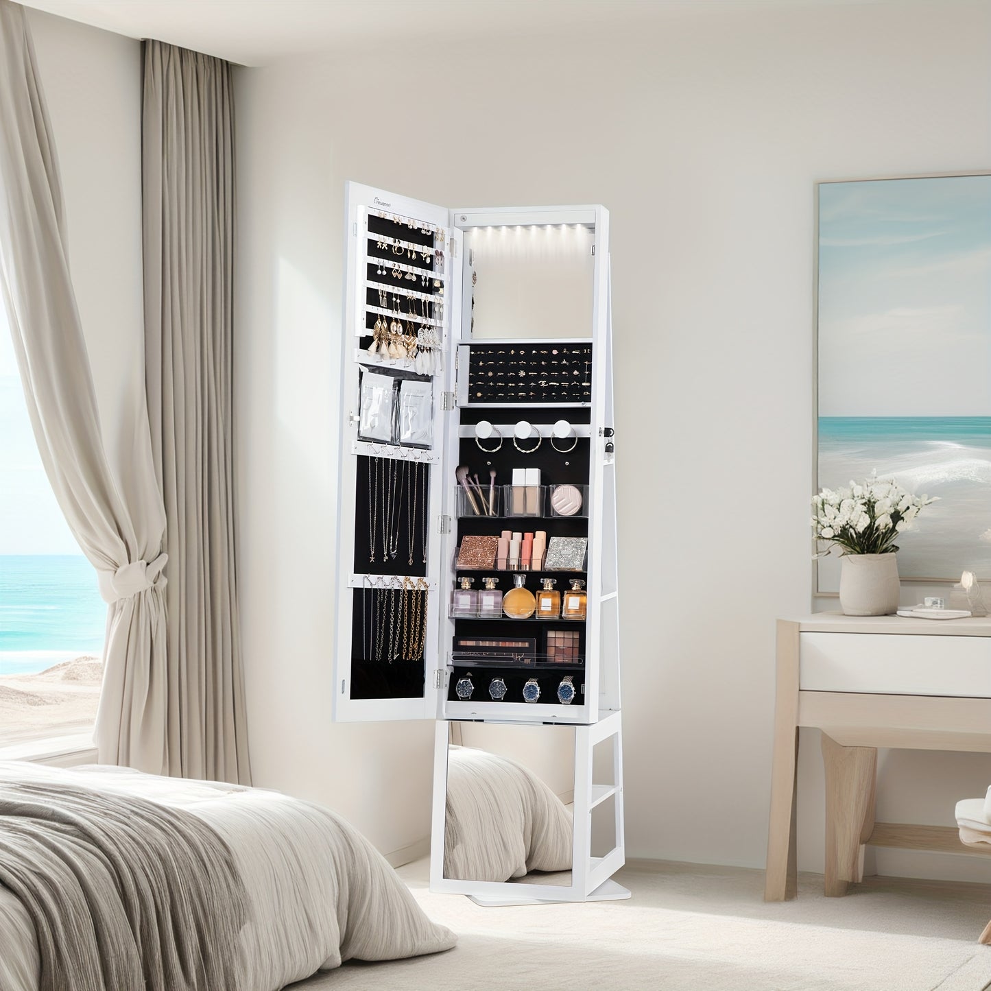 Mirror Jewellery Cabinet, Standing Jewellery Organiser with 360° Rotating Base, Full Length Lockable Mirror, Large 4-Tier Storage Compartments, 4-in-1 Multifunctional, White, Jewelry Armoires - QUORE
