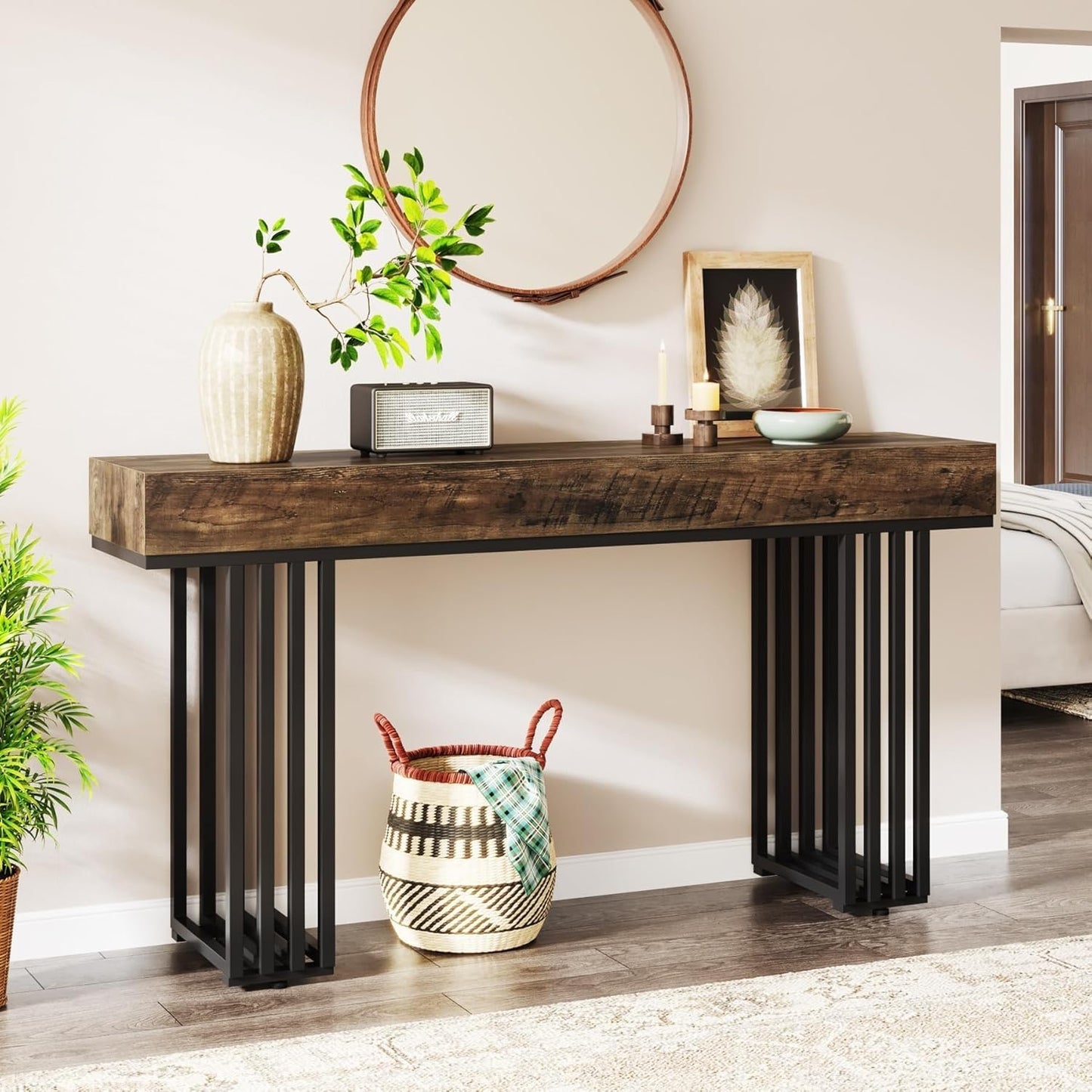 Narrow Console Table – Smalle Sidetable – Haltafel – Wandtafel – Entreetafel – Industrieel Metaal Frame – Houten Vintage Blad 140 cm Bruin