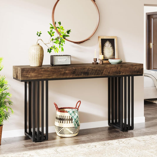 Narrow Console Table – Smalle Sidetable – Haltafel – Wandtafel – Entreetafel – Industrieel Metaal Frame – Houten Vintage Blad 140 cm Bruin