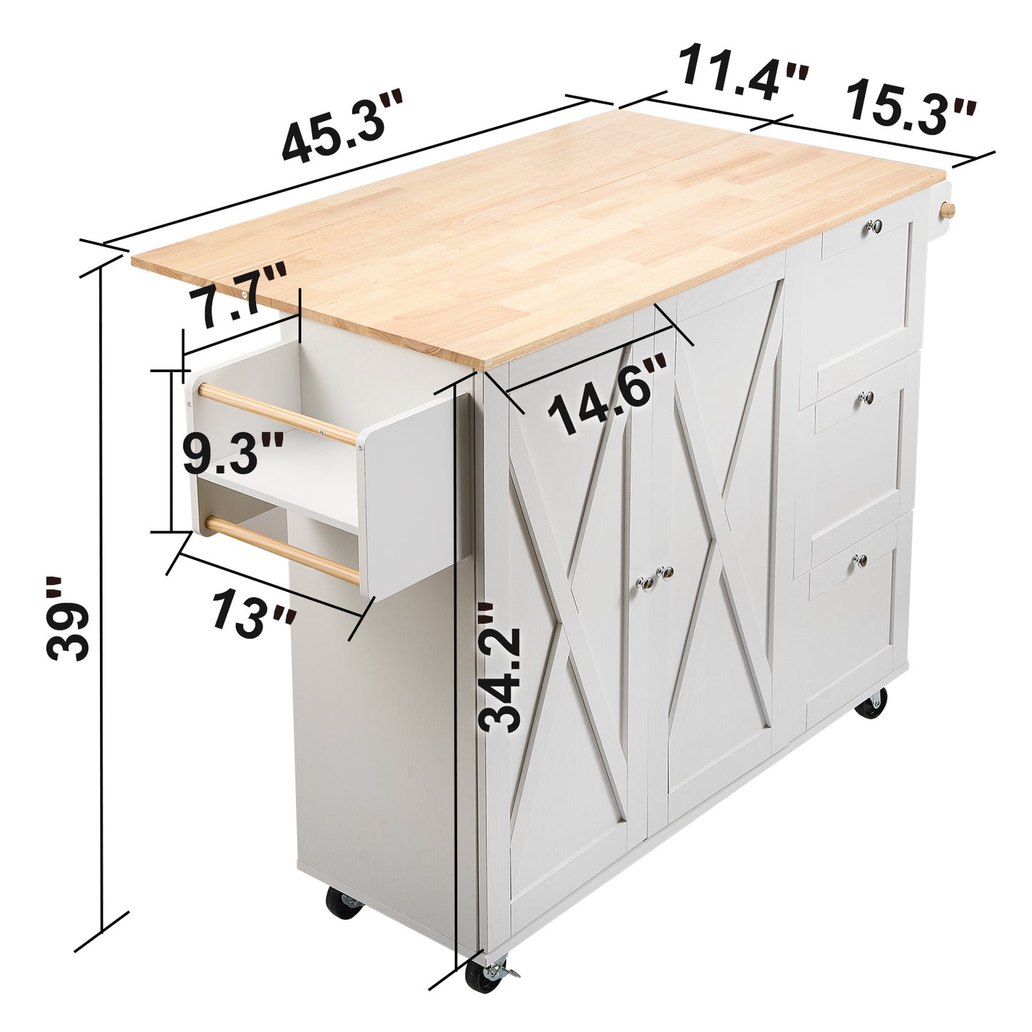Keukentrolley – Keukenwagen – Serveerwagen – Mobiele Werkbank – Keukenkar – Massief Rubberhout Blad – Uitklapbare Zijpanelen – Verstelbare Planken – Wieltjes Met Rem – Wit