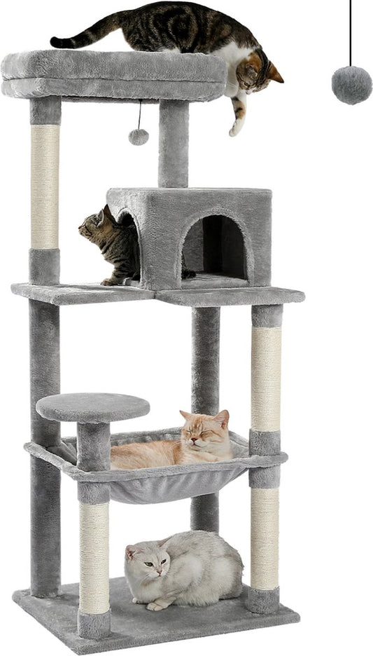 Multilevel Kattenboom - 5 Verdiepingen - Inclusief Hangmat - Met Krabpalen en Leuk Speeltje - Voor Grote Katten - Grijs