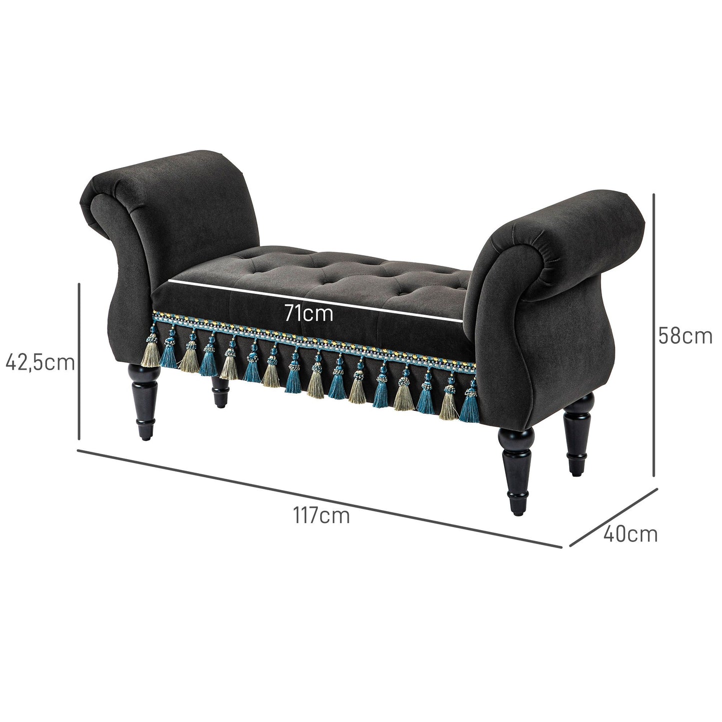 Bankje – Opbergbank – Zitbank – Halbank – Bedbank – Donkergrijs Fluweel – Houten Poten – Opbergruimte – 150 kg Draagkracht – 117x40x58 cm