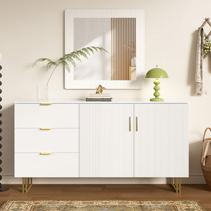 Spiegel en Dressoir Set – Wandspiegel – Kaptafel – Opbergkast – Ladekast – Wit – Gouden Handgrepen – 80x80 cm Spiegel – Bamboe Materiaal