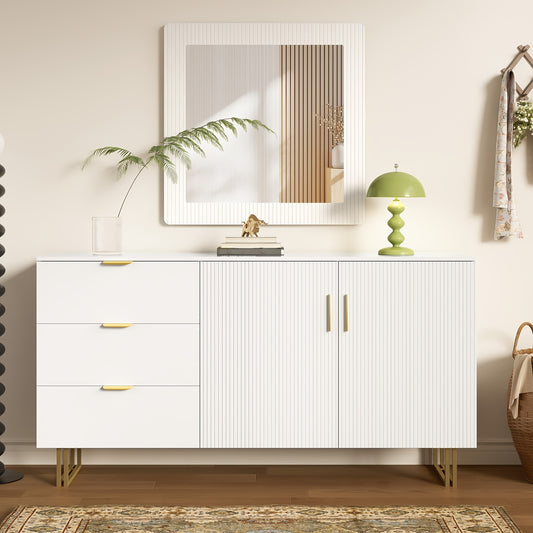 Spiegel en Dressoir Set – Wandspiegel – Kaptafel – Opbergkast – Ladekast – Wit – Gouden Handgrepen – 80x80 cm Spiegel – Bamboe Materiaal