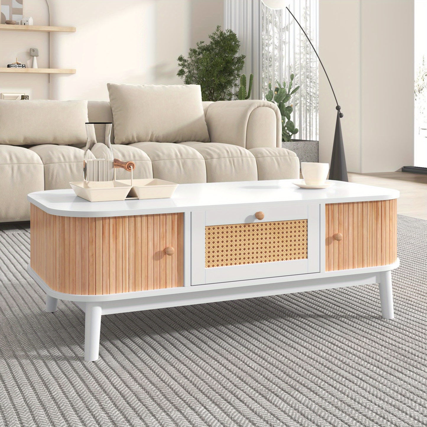 Salontafel – Koffietafel – Tafelblad – Woonkamertafel – Houten Tafel – Massief Hout Met Rattan – Schuifdeuren En Lades – 110x55x38,5 cm – Wit Met Houtkleur