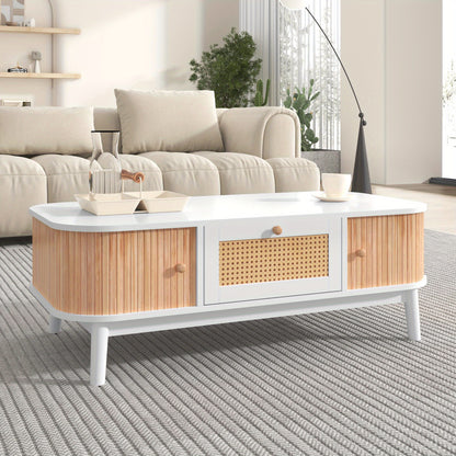 Salontafel – Koffietafel – Tafelblad – Woonkamertafel – Houten Tafel – Massief Hout Met Rattan – Schuifdeuren En Lades – 110x55x38,5 cm – Wit Met Houtkleur