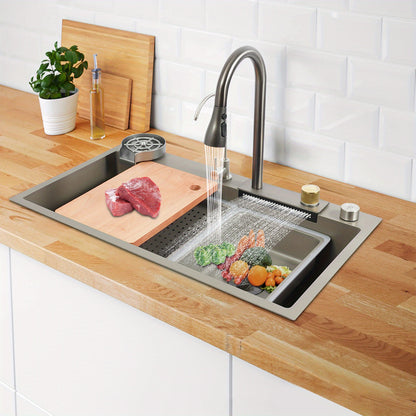 Keukenset – Spoelbak – Gootsteen – Uittrekbare Kraan – Snijplank – Roestvrij Staal 304 – Ruimtebesparende Inbouw – 3 Waterstanden