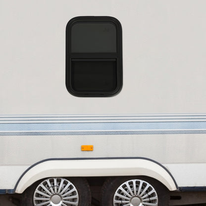 Verticale Schuifraam – Schuifraam Camper – Ventilatieraam – Raam Met Hor – Rits Horraam – Aluminium En Gehard Glas – Afmeting 350x550 mm – Donker Getint Glas