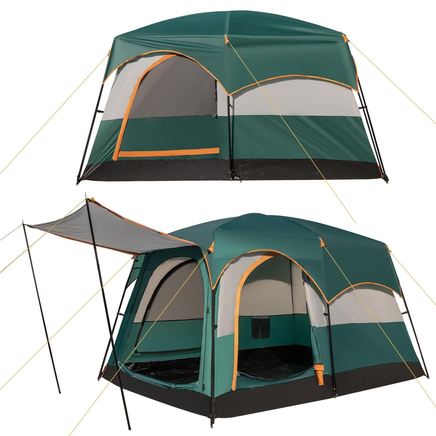 Kampeertent – Familietent – Tunnel Tent – Grote Tent – 2-Kamer Tent – Waterdicht Oxford Polyester – Ruime Voortent Met Zonnescherm – Voor 4-6 Personen – Groen