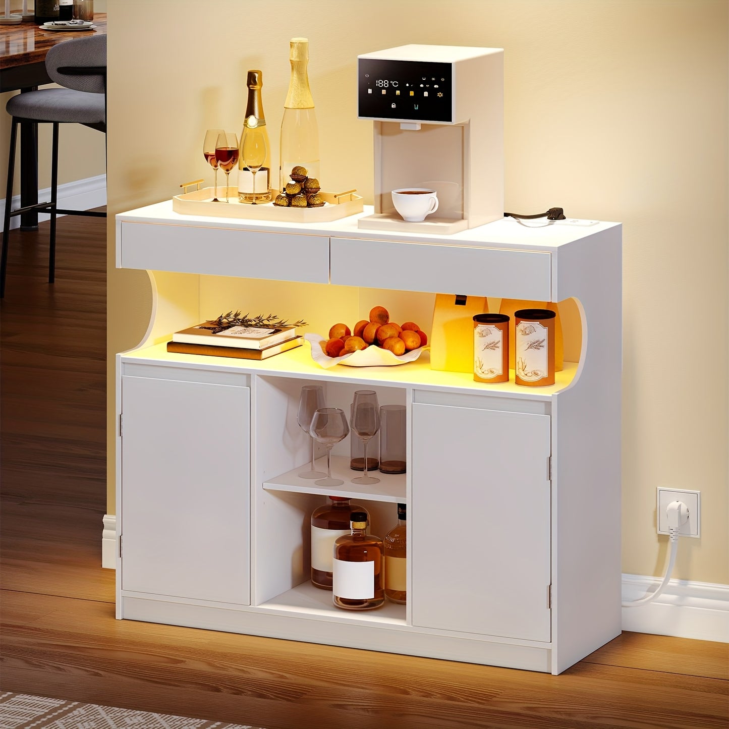 Dressoir – Sideboard – Buffetkast – Opbergkast – Keukenkast – Met Ingebouwde Stekkerdoos – LED-verlichting – 2 Laden – 2 Deuren – Verstelbare Planken – Wit – 30x100x85 cm
