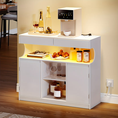 Dressoir – Sideboard – Buffetkast – Opbergkast – Keukenkast – Met Ingebouwde Stekkerdoos – LED-verlichting – 2 Laden – 2 Deuren – Verstelbare Planken – Wit – 30x100x85 cm