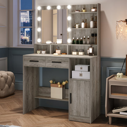 Dressing Table With Mirror And 10 LED Lights, Adjustable Brightness, Dressing Table With 2 Drawers & 1 Cabinet, 3 Shelves & 4 Open Compartments, White