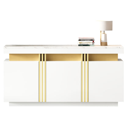 Modern White Sideboard/Display Cabinet | Three-Door Design with Adjustable Shelves, Suitable for Kitchens, Living Rooms, Dining Rooms, Hallways, Platinum Stitching, Spacious Handle-Less Compartments, Contemporary Style, Metal