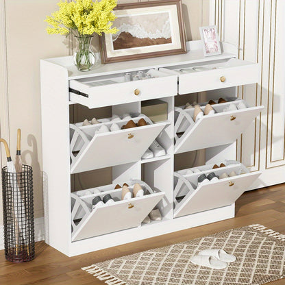Schoenkast met 4 Openslaande Deuren & 2 Laden – 110 × 26 × 100 cm – Modern Opbergmeubel voor Hal, Woonkamer of Gang