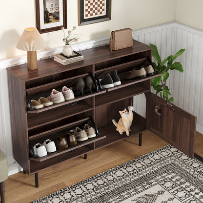 Schoenenkast – Schoenenrek – Schoenenopberger – Schoenrek Organizer – Smalle Kast – Bruin – 3 Deuren Met Kleppen – Vrijstaand Met Stevige Poten