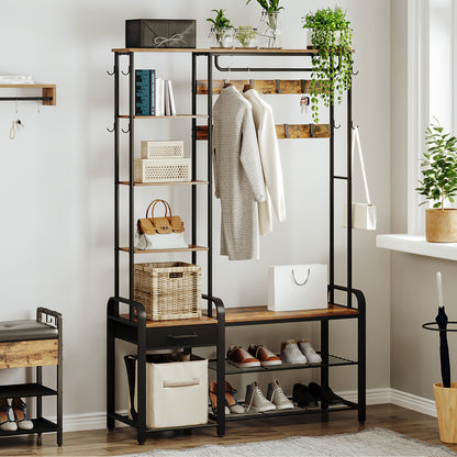 Kapstok – Jassenrek – Schoenenbank – Garderoberek – Wandkapstok – 5-in-1 Multifunctioneel – Stevig Metaal & Houten Platen – 120x40x182 cm – Draagvermogen 90 kg