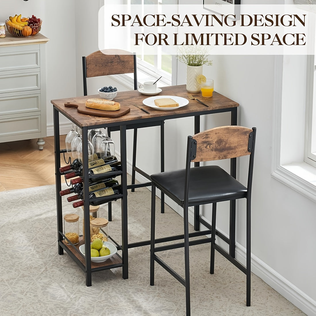 Bar Tafel Set – Eettafel Set – Keukentafel Met Stoelen – Bistroset – Barstoel Set – Met Wijnrek & Opbergrek – Compact Voor Kleine Ruimtes – Vintage Kleur