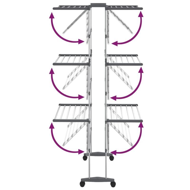 Droogrek – Wasrek – Kledingrek – Droogstandaard – Washanger – Argento – 3-Laags Driedubbel Droogvlak – Aluminium Met Wieltjes En Wasknijpers