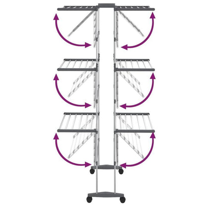 Droogrek – Wasrek – Kledingrek – Droogstandaard – Washanger – Argento – 3-Laags Driedubbel Droogvlak – Aluminium Met Wieltjes En Wasknijpers