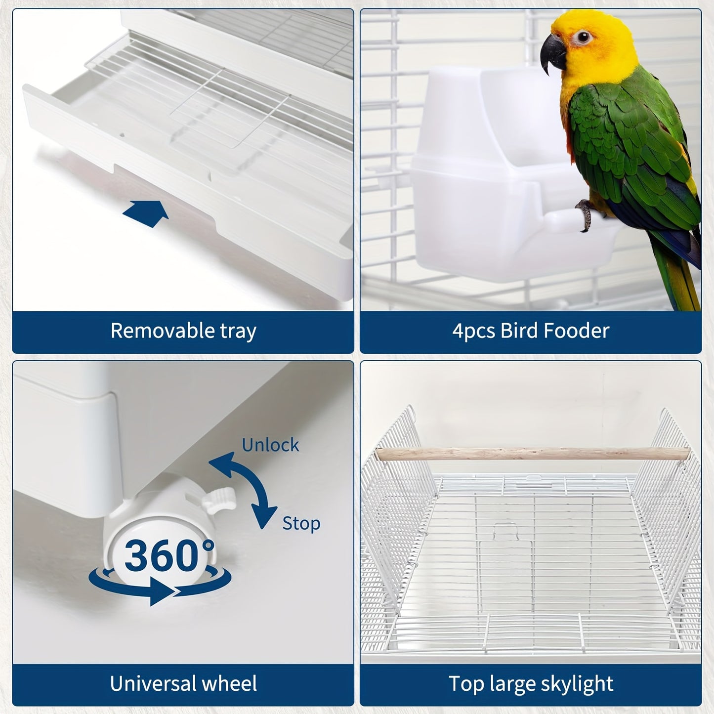 2-in-1 Travel Bird Cage & Playground Stand with 2-Level Parrot Carrier - 111.76cm White Portable Bird aviary for medium/small birds, Lockable Wheels, Removable Grid, Slide-Out Tray, Perches & Feeding Cups - Ideal for, Vet Vis