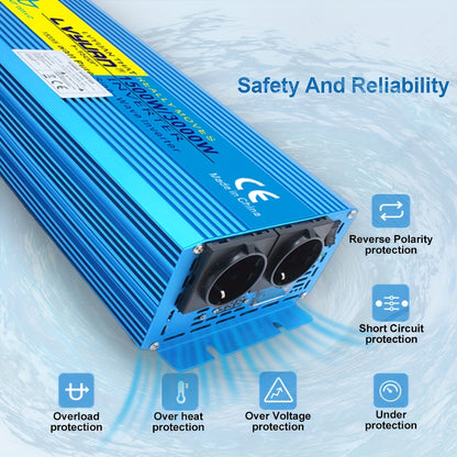 LVYUAN 1500W/3000W Pure Sine Wave Power Inverter 12V DC to 120V AC with 2 EU Sockets & Wireless Remote Control, LED Display, Overload Protection for Home Backup, RV, Solar, Camping, Boat, Emergency Power, Power Inverter for C