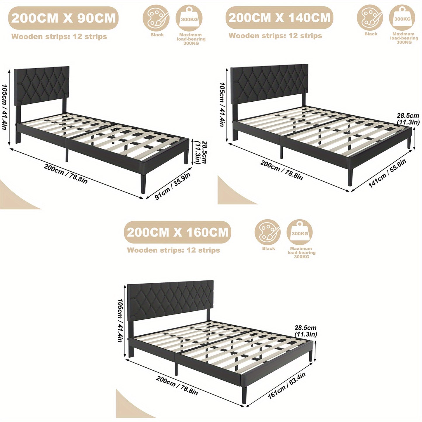 Bedframe – Gestoffeerd Bed – Tweepersoonsbed – Platformbed – Slaapbank – Zwart Kunstleer – 160x200 cm – Met Houten Lattenbodem