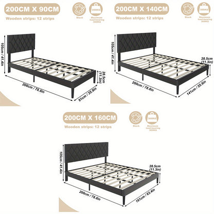 Bedframe – Gestoffeerd Bed – Tweepersoonsbed – Platformbed – Slaapbank – Zwart Imitatieleer – 140x200 cm – Hoogwaardig Padded Hoofdeinde – Stevige Houten Lattenbodem
