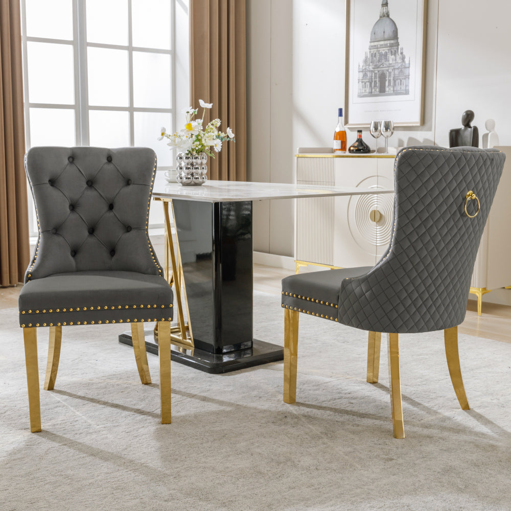 Eetkamerstoelen – Stoelen – Dining Chairs – Dinerstoelen – Moderne Stoelen – Set Van 2 Grijs – Fluwelen Bekleding – Gouden Roestvrijstalen Poten – Ergonomische Rugleuning – Comfortabele Zittingen
