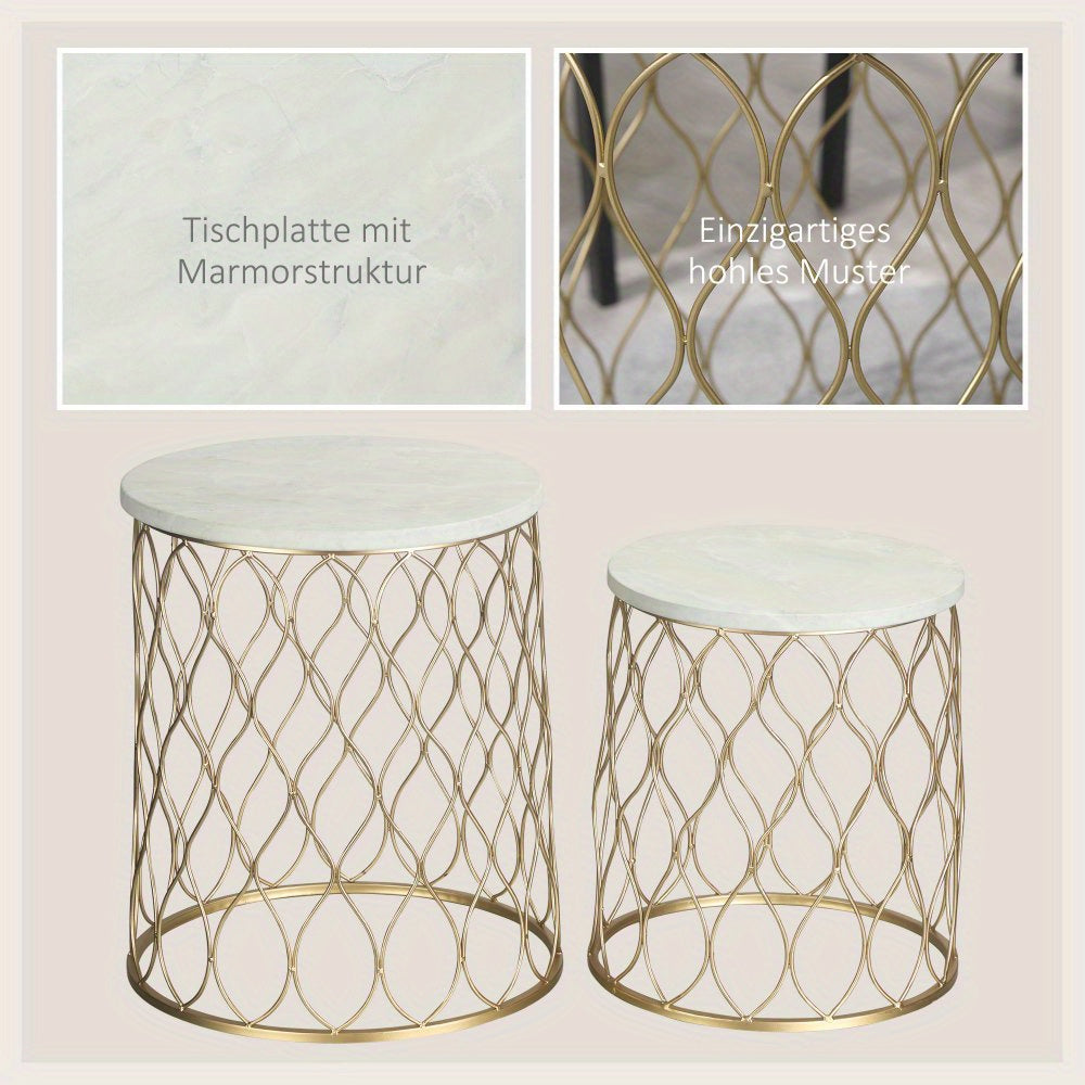 Tuintafel – Bijzettafel – Buitentafel – Balkon tafel – Nesting tafel – Retro Wire Basket Design – Set Van 2 – Metaal Goud Wit – Ruimtebesparend & Weerbestendig