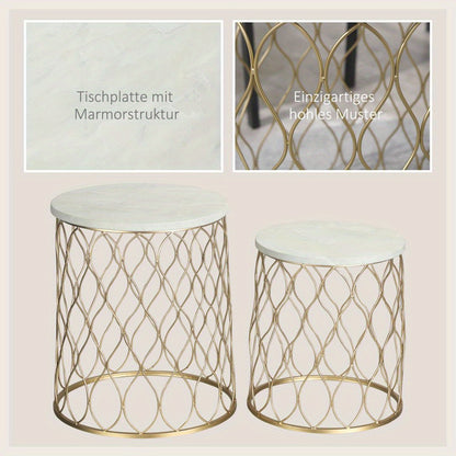 Tuintafel – Bijzettafel – Buitentafel – Balkon tafel – Nesting tafel – Retro Wire Basket Design – Set Van 2 – Metaal Goud Wit – Ruimtebesparend & Weerbestendig