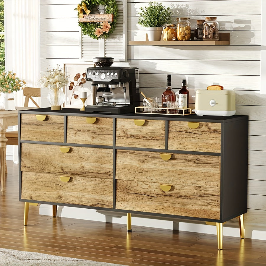 Dressoir – Buffetkast – Opbergkast – Sideboard – Commode – 8 Laden – Vrijstaand – Modern Design – Donkere Deuren – Gouden Poten – Zonder Elektriciteit – Ruime Opbergruimte