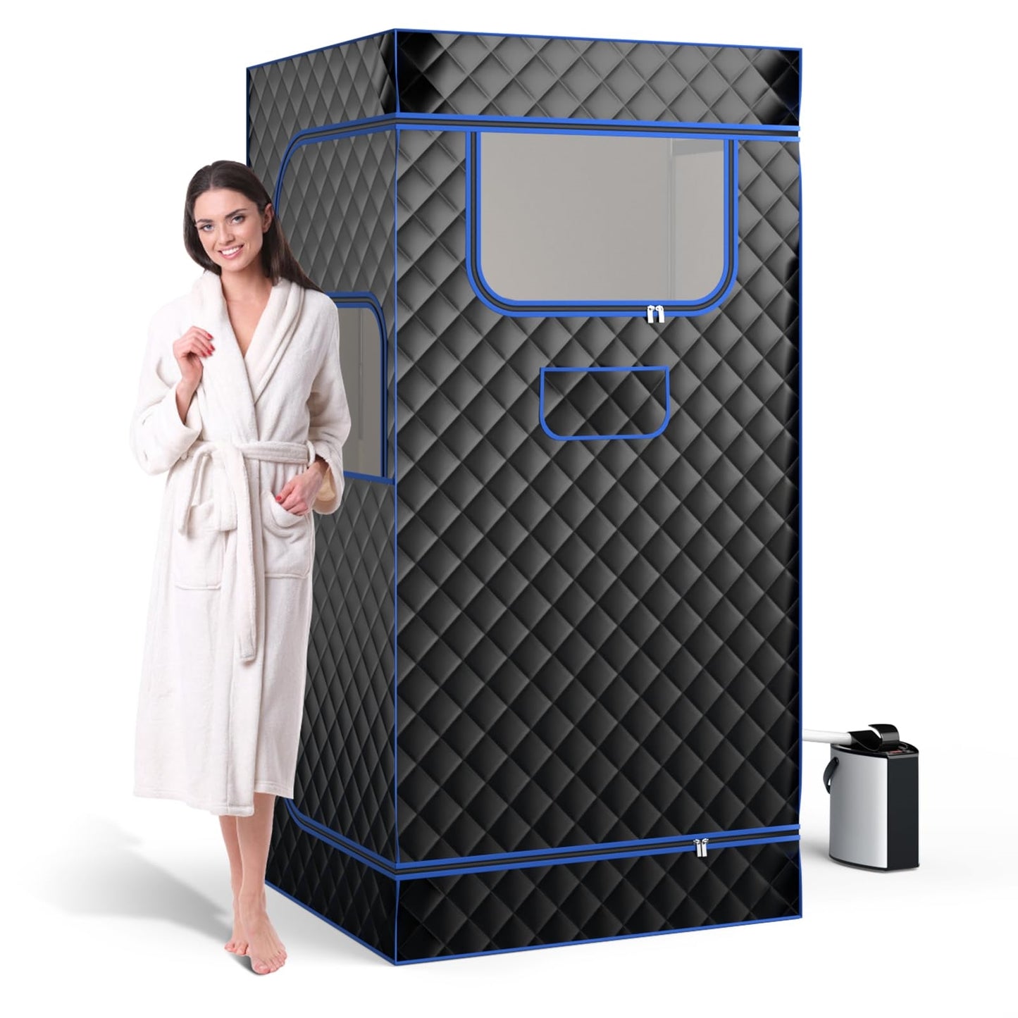 Stoomsauna – Home Sauna – Sauna Tent – Draagbare Sauna – Persoonlijke Sauna – Incl. 3L Stoomgenerator – Inklapbare Stoel & Voetmassager – Zwart – Compact 91x91x183 cm