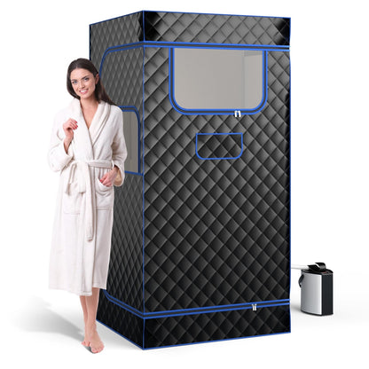 Stoomsauna – Home Sauna – Sauna Tent – Draagbare Sauna – Persoonlijke Sauna – Incl. 3L Stoomgenerator – Inklapbare Stoel & Voetmassager – Zwart – Compact 91x91x183 cm