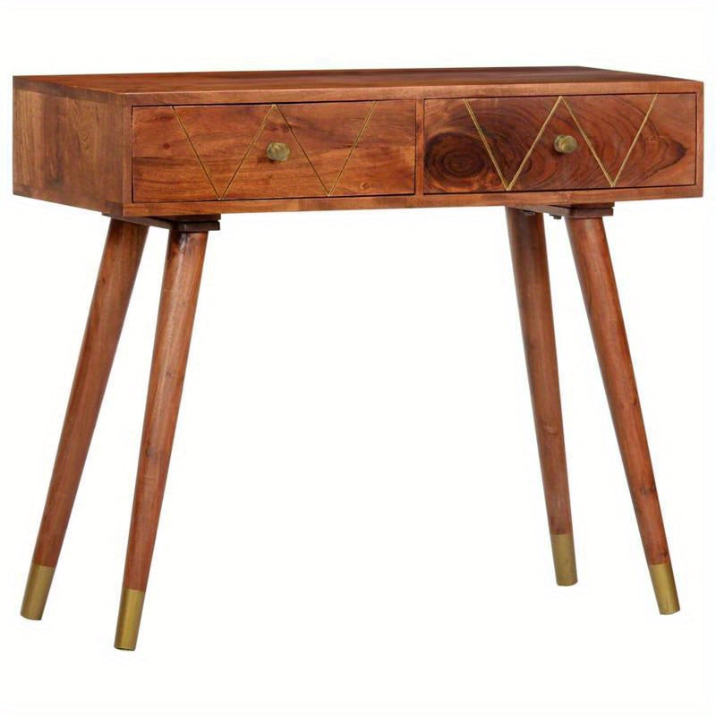 Elegant Solid Acacia Wood Wall Table with Geometric Brass Handles - 3-Drawer Design, 90x35x76cm, Ideal for Bedroom, Living Room, Office - Natural Floor Standing Storage Unit, Cute Room Decor, Standing Shelf