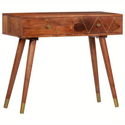 Elegant Solid Acacia Wood Wall Table with Geometric Brass Handles - 3-Drawer Design, 90x35x76cm, Ideal for Bedroom, Living Room, Office - Natural Floor Standing Storage Unit, Cute Room Decor, Standing Shelf