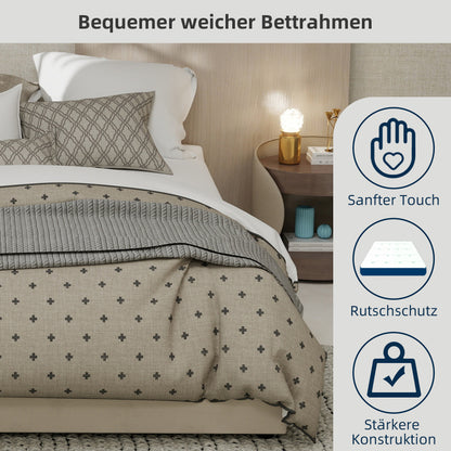 Bedframe – Bedombouw – Slaapbank – Platformbed – Ledikant – Modern Minimalistisch – Beige Velvet Bekleding – Gaslift Opbergruimte