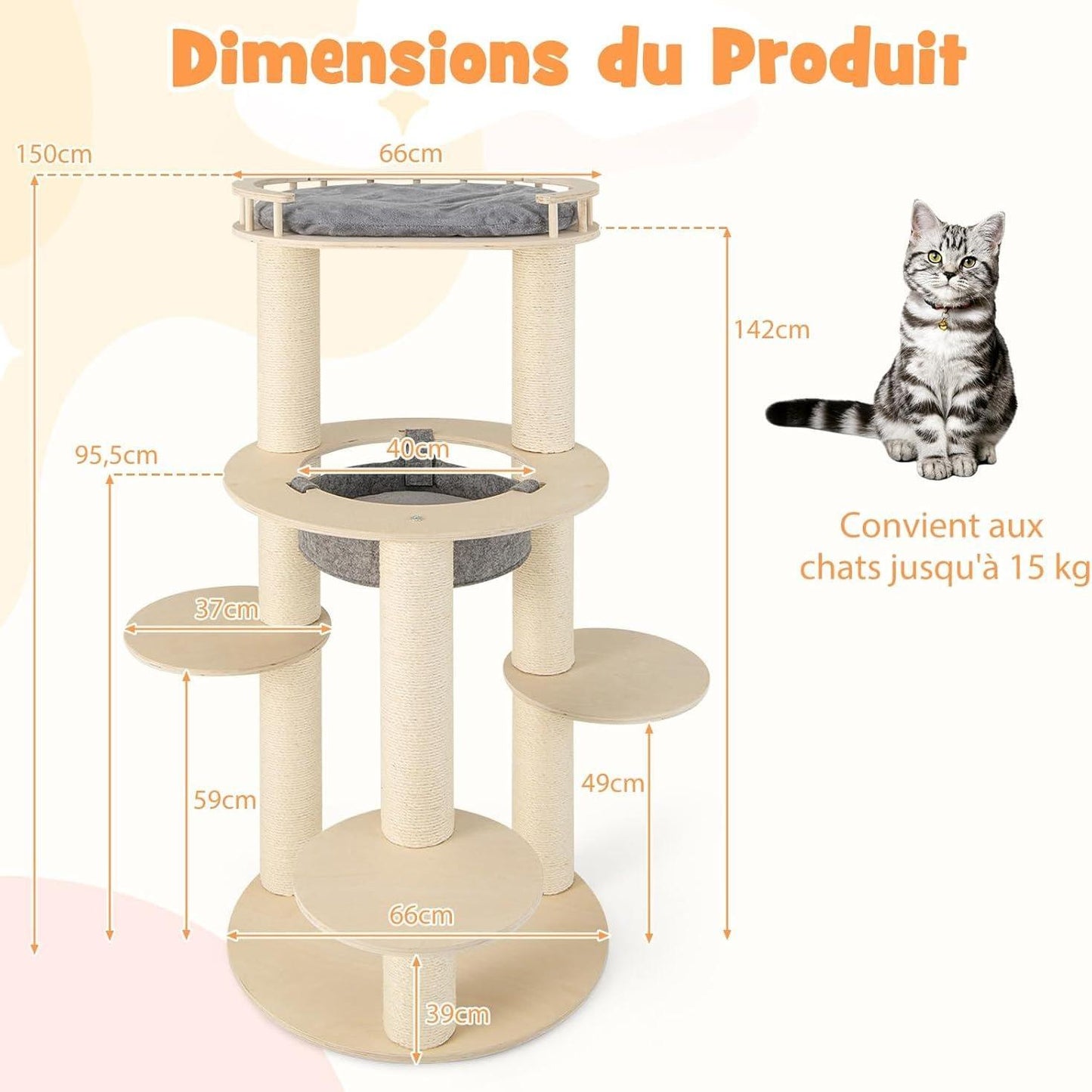 Krabpaal – Krabmeubel – Kattenboom – Krabton – Kattenhuis – Hout en Sisal – 150 cm Hoog – Met Hangmat