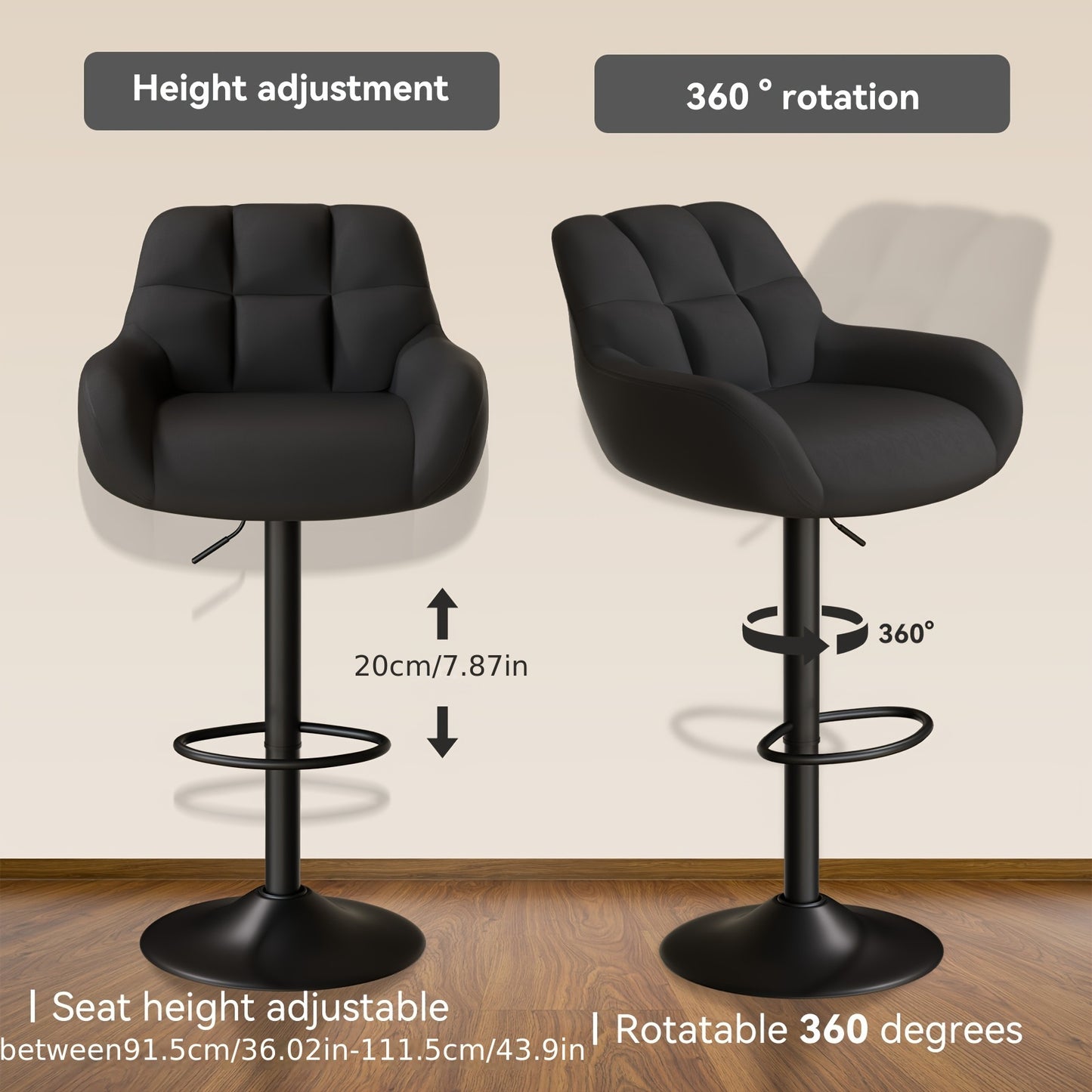 Modern Bar Stool Set of 2, Ergonomic, Adjustable Metal Frame with Backrest and Armrests, Bar Stools, Kitchen Island Bar Stools for Kitchen Islands, Home Bars, Restaurants [2 Colors Available].