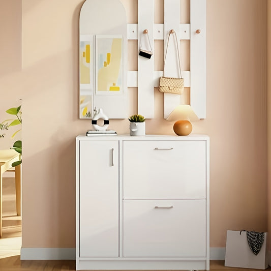 Schoenenkastje – Schoenenrek – Schoenenopberger – Schoenenkast – Schoenenkast Wit – Compact Ontwerp Voor Smalle Gangen – Met Spiegel En Haken