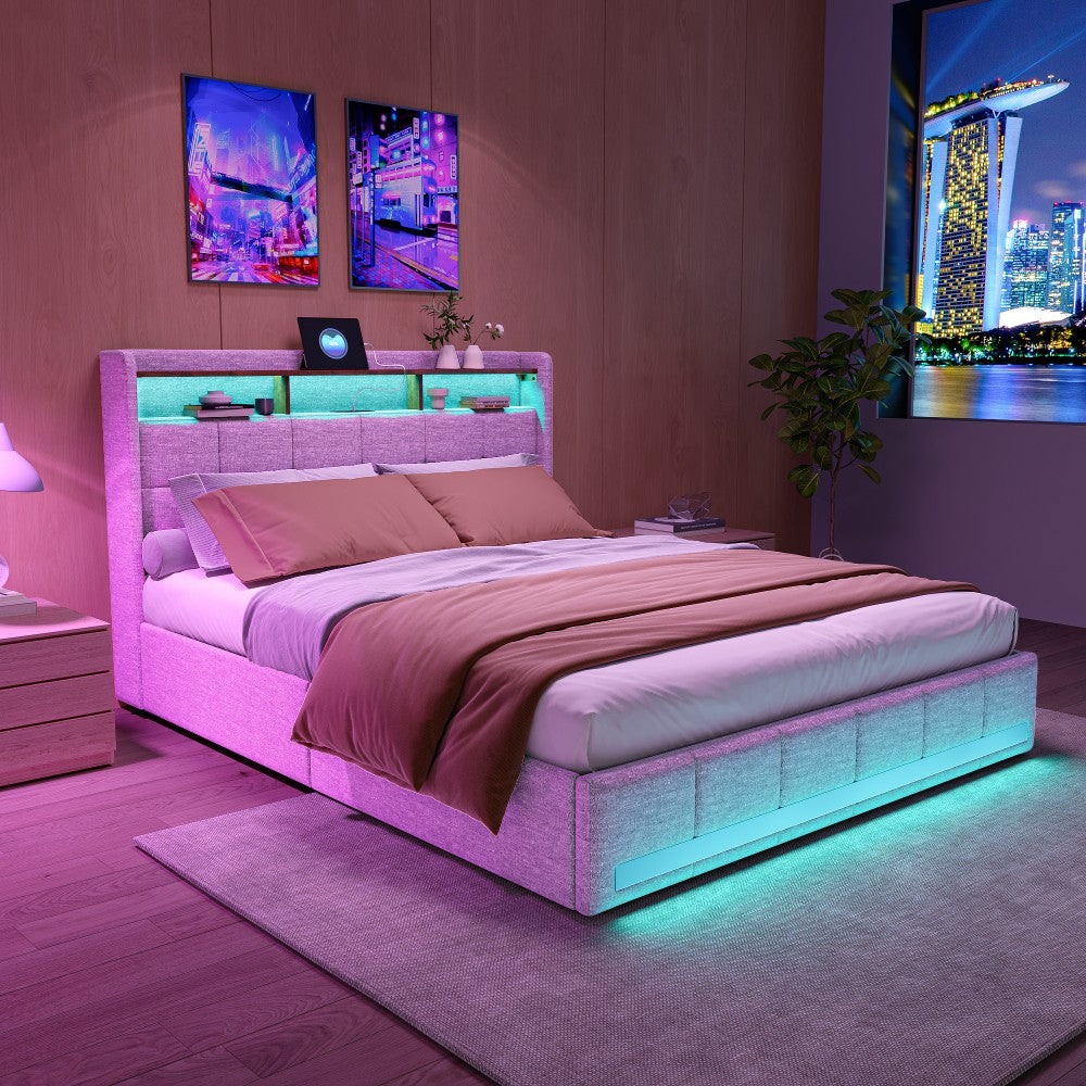 Double Bed with Storage, LED Lighting, 4 Drawers, Storage Function, USB Charging, Quick Assembly, Metal And Linen Bed Frame, Classic, for Adults, Ideal for 8Mj4Txd Bedroom.