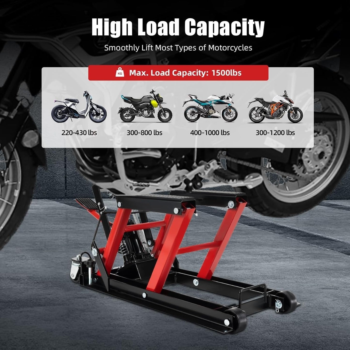 Motorfietsbrugwagen – Motorlift – Hydraulische Motorlift – Motorhefbrug – Motor Tilplatform – Hoog Draagvermogen 680 kg – 3 Veiligheidspennen & 4 Wielen