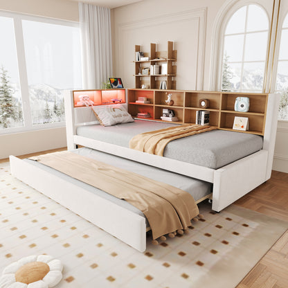 Slaapbank – Bedbank – Logeerbed – Bedbank met Opbergruimte – Uittrekbed – Beige – Twee Slaapplaatsen 90x200/90x190 cm – Duurzame Flanellen Bekleding