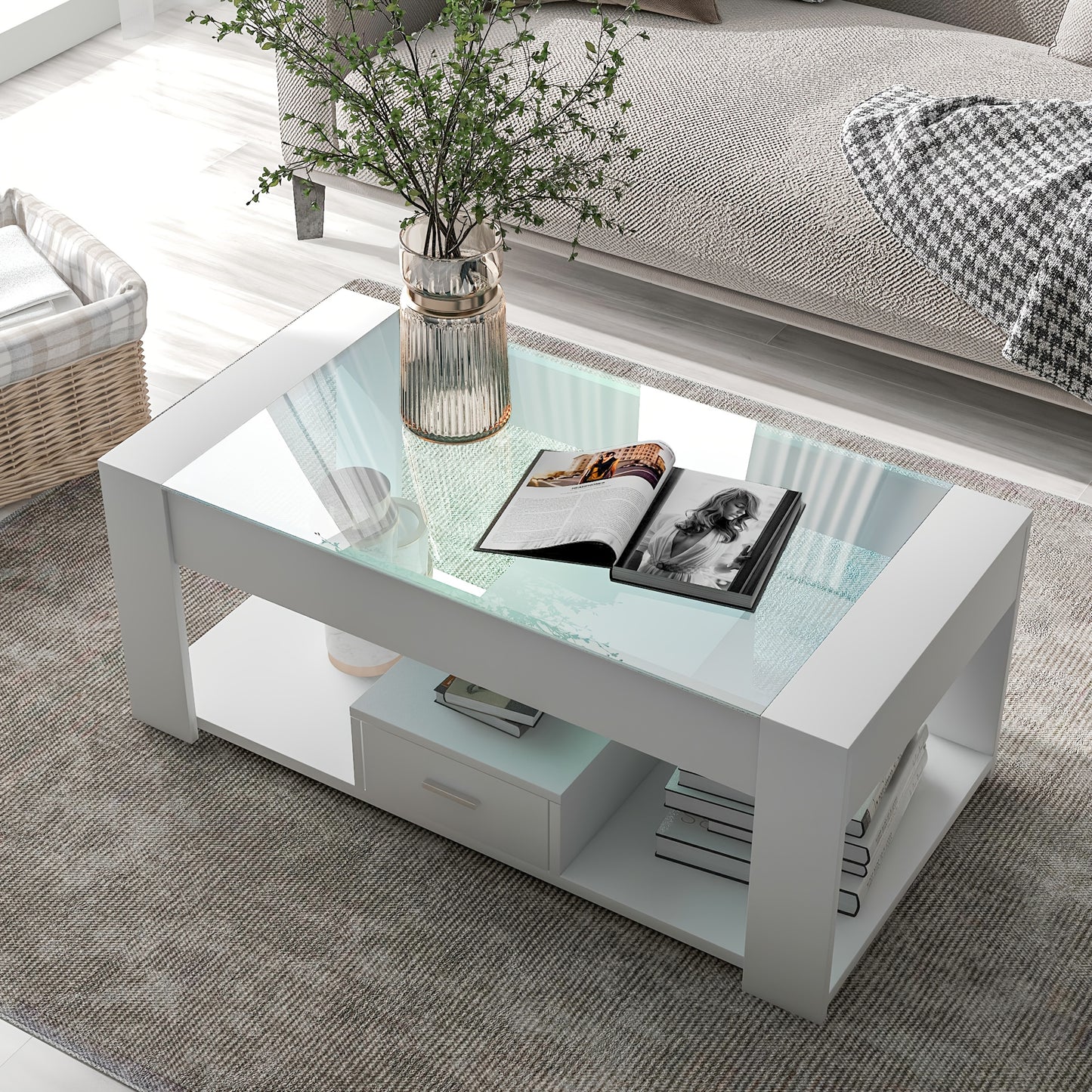 Salontafel – Woonkamertafel – Koffietafel – Tafel Met Opbergruimte – Sofa Tafel – Wit – Glazen Blad – Stevig Metalen Frame