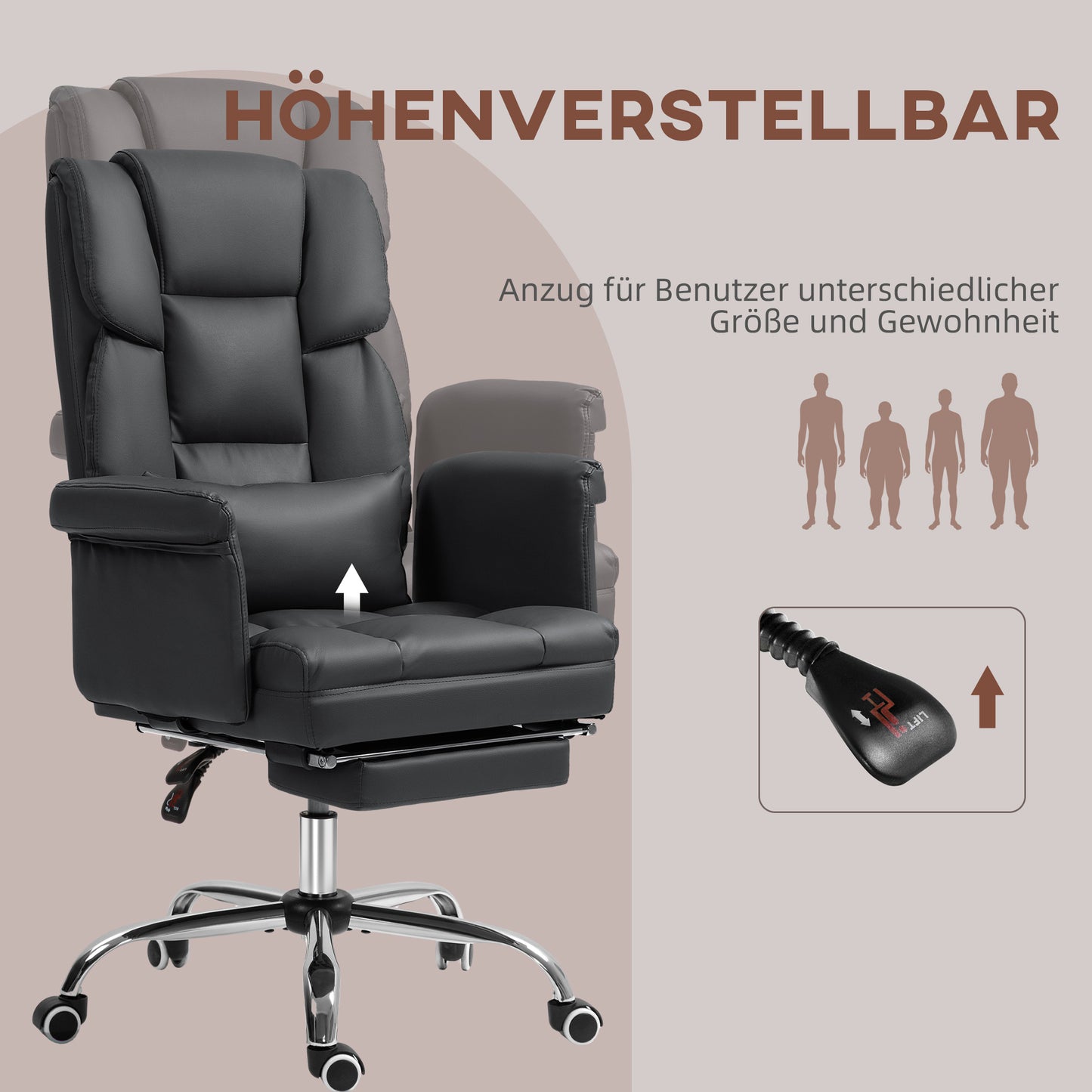 Bureaustoel – Ergonomische Stoel – Office Chair – Computerstoel – Kantoorstoel – Verstelbare Hoogte 48-56 cm – Kantelbare Rugleuning en Ingebouwde Voetensteun – Zwart