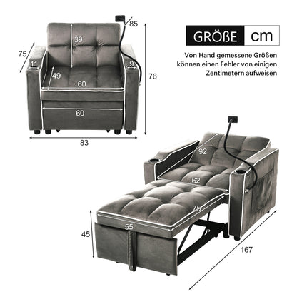 Three-in-one extendable single recliner with cup holder and phone stand, serving as sofa lounger, daybed and armchair. Ideal for compact spaces, dimensions: 83 x 167 x 76cm., Spacesaving Chair, Compact Furniture, Versatile Se