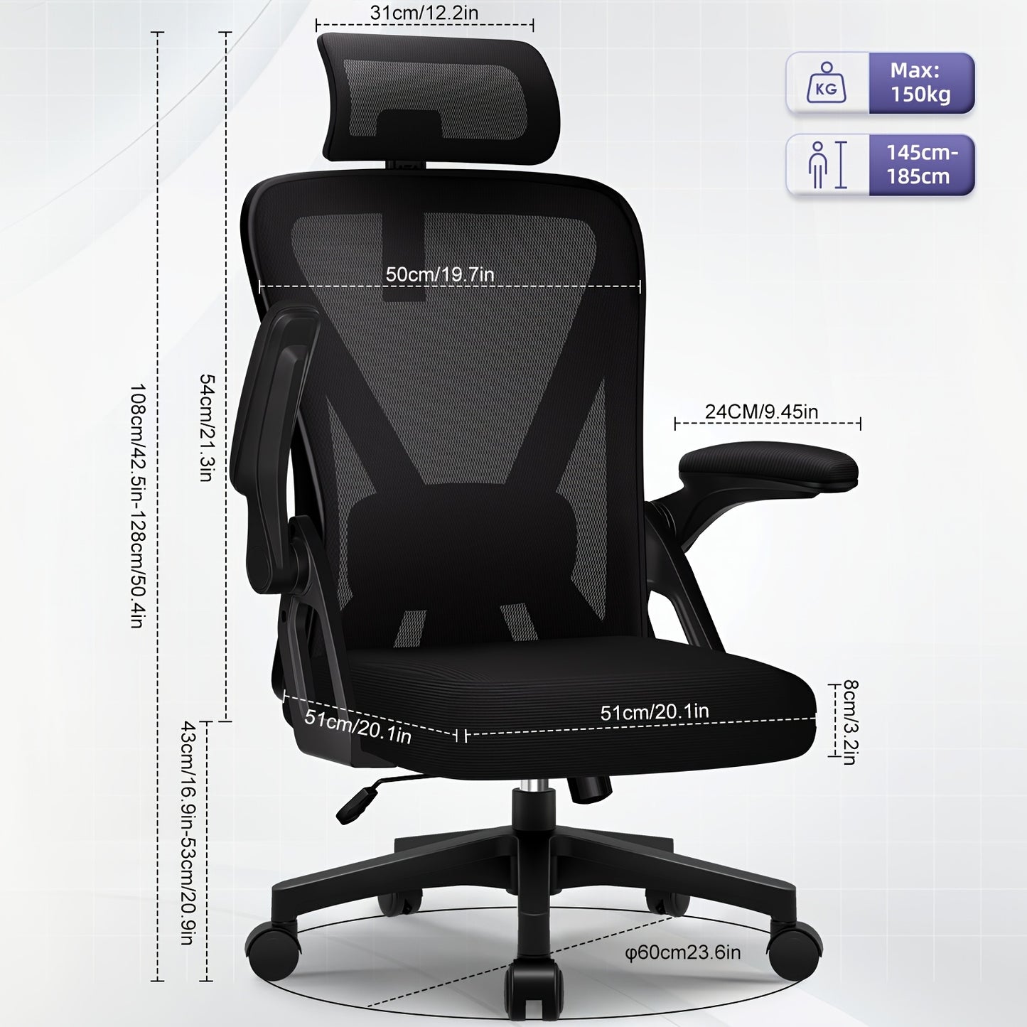Ergonomic High-Back Office Chair with Adjustable Headrest & Lumbar Support, Reclining Mesh Back Desk Chair Suitable for Home Office, Flip-Up Armrests, 135° Tilt, Height Adjustable Weight-Reducing Chair Supports 149.69 KG (So